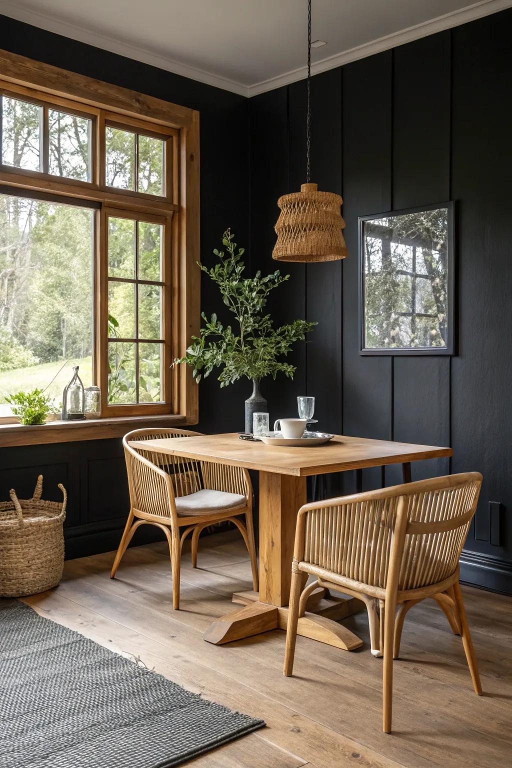 Furniture of natural wood paired with a shadowy wall.