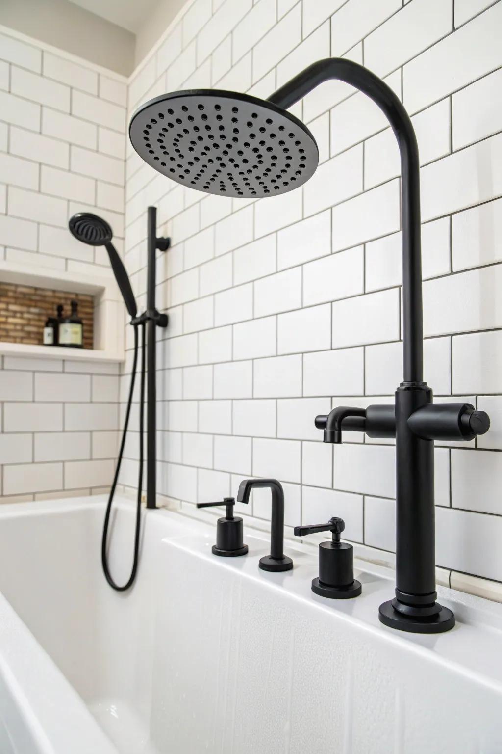 Non-reflective dark hardware imparts a contemporary edge to this bathroom design.