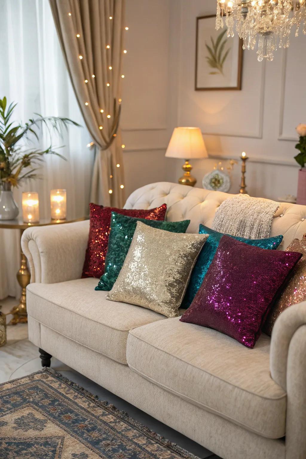 Shimmering cushions adding opulence to the lounge.