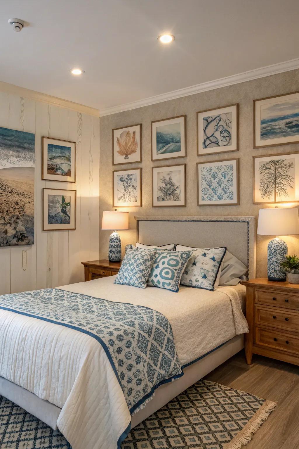 Artistic pieces in sky and sand tones provide a personalized touch to the space.