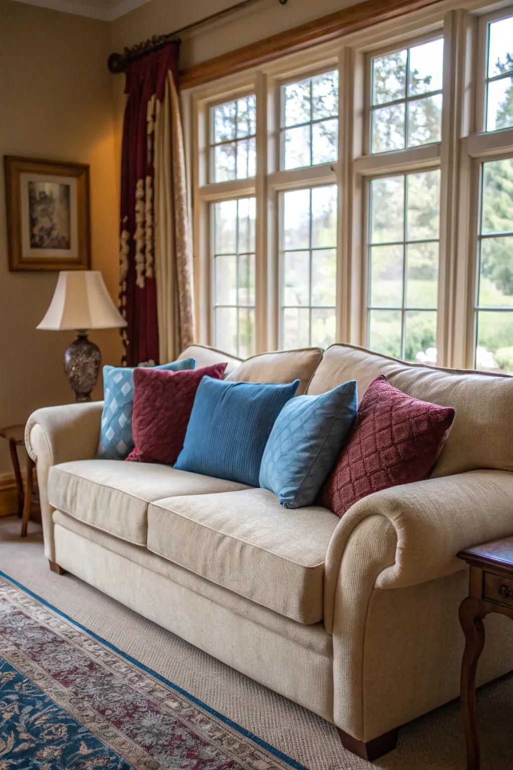 Muted sofas awaken with the pop of azure and crimson cushions.