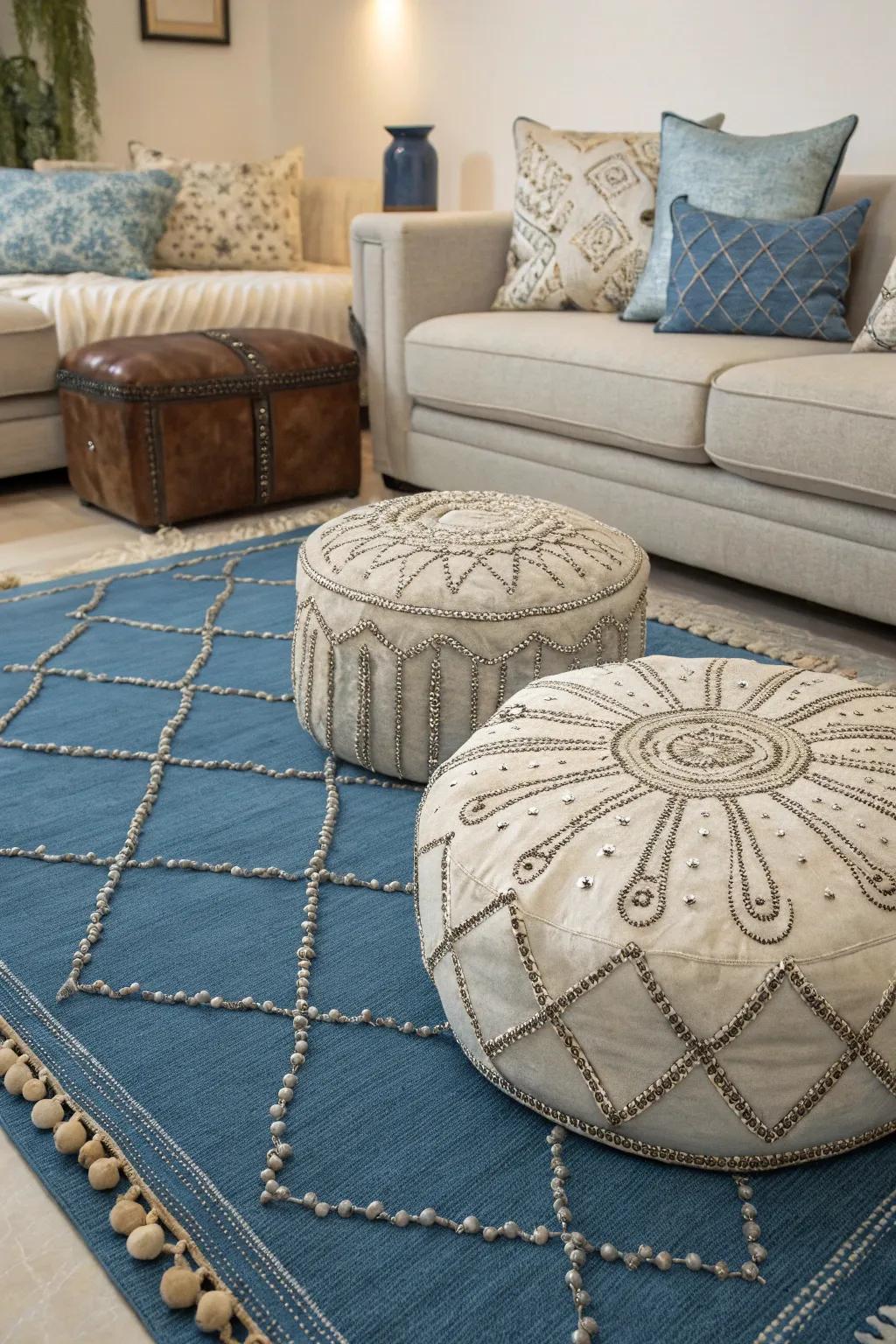 Layered fabrics in blue and silver bring coziness and depth to this comfortable living room.