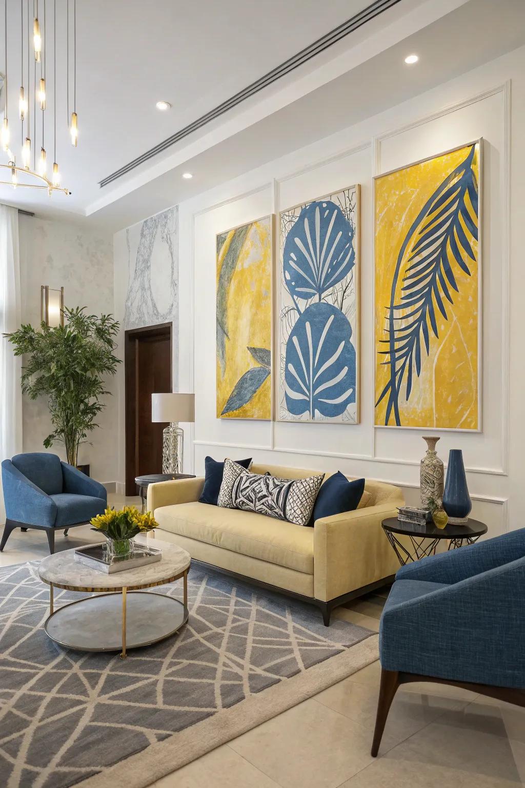 A living space enhanced by blue and yellow abstract artwork for a sophisticated touch.