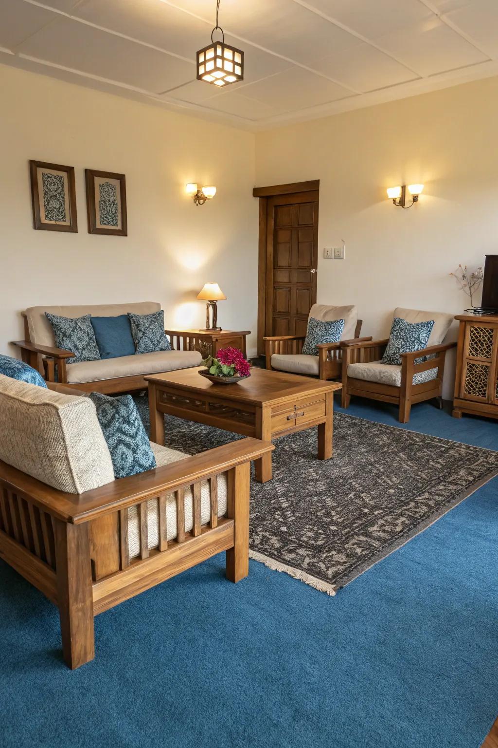 Timber elements introduce comfort and equilibrium to the cool shades of a cerulean carpet.