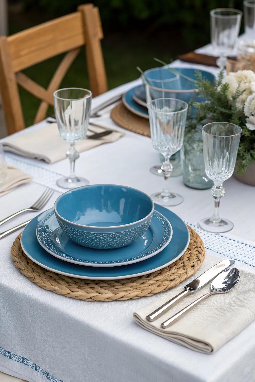 A sophisticated azure table arrangement ideal for holiday suppers.