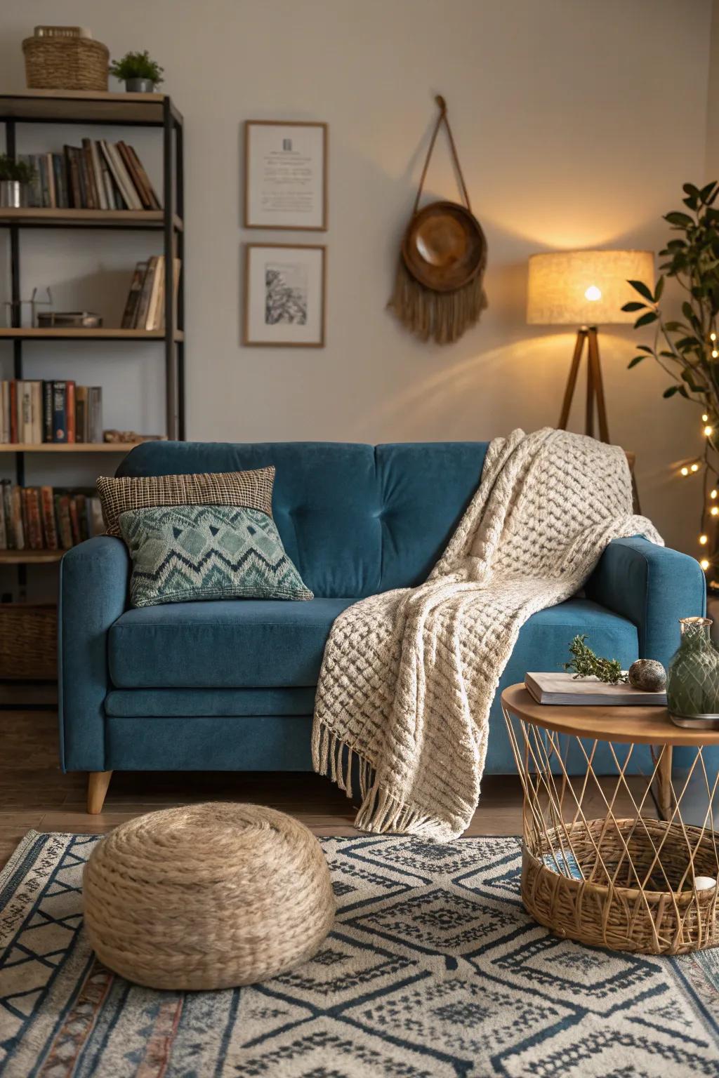 Textures such as velvet and wool enrich a blue sofa living area.
