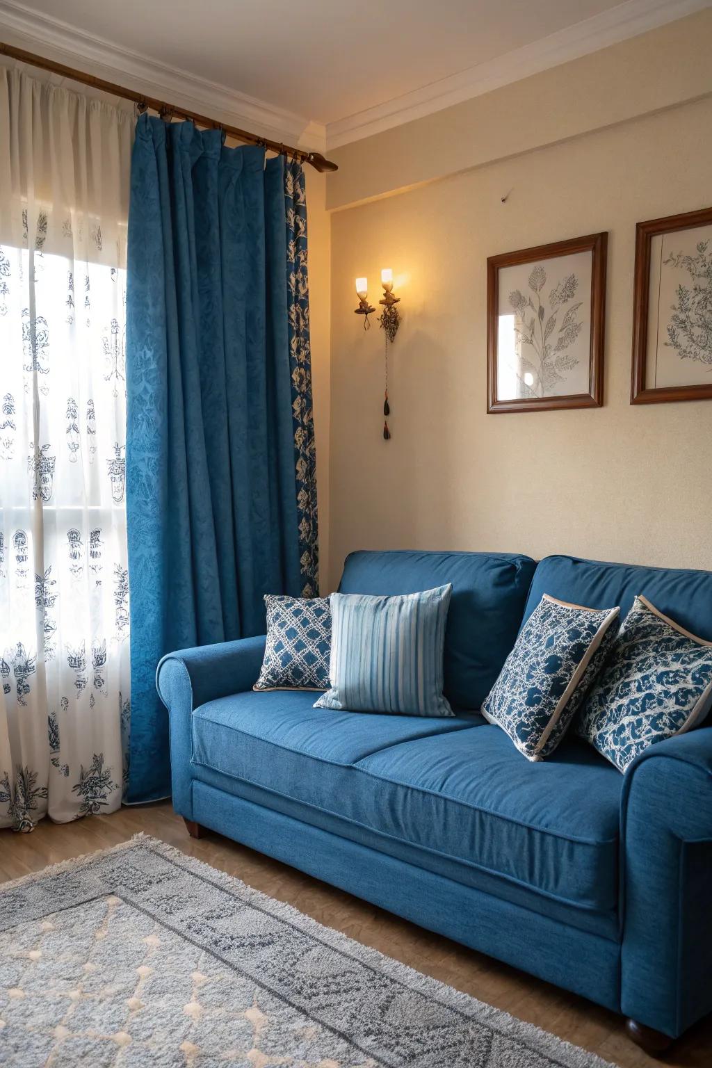 A single-color cerulean scheme creates a peaceful and unified space.