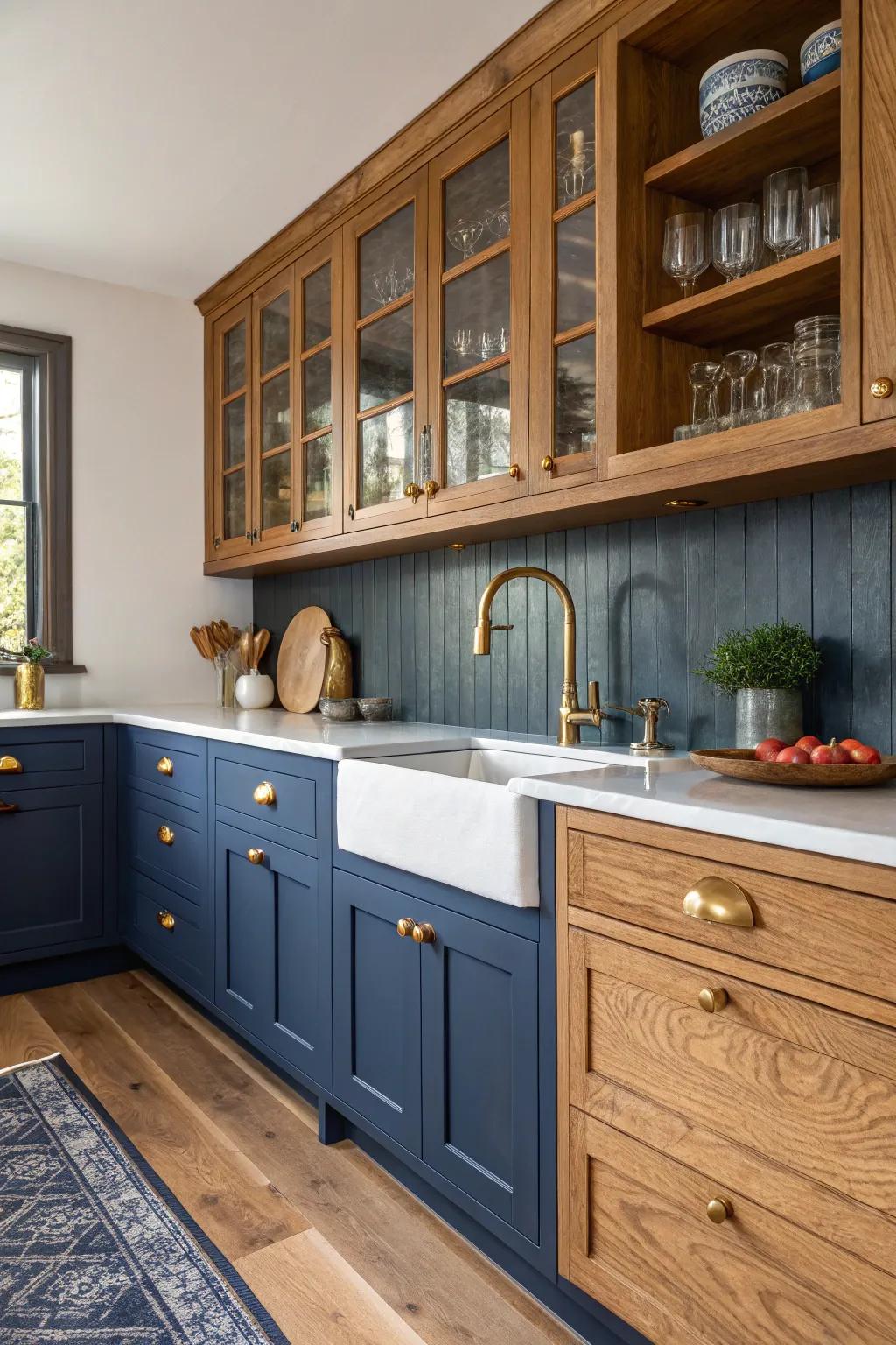 Indigo cabinets create a dramatic and cozy kitchen atmosphere with warm features.