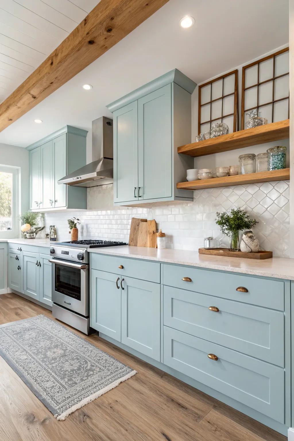 Snug kitchen showcasing azure cabinets and timber details.