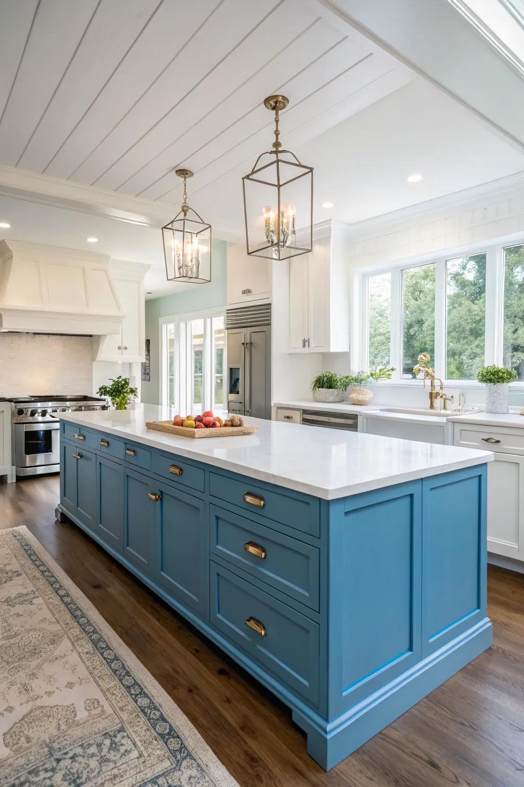 The contrast between blue and white results in a visually striking kitchen.