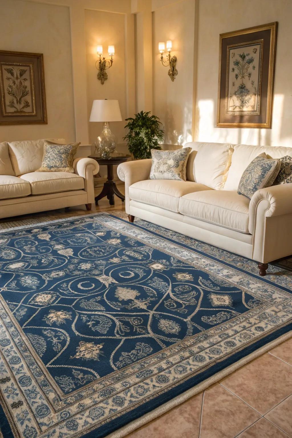 A patterned blue floor covering brings texture and sophistication to this cozy living room setting.