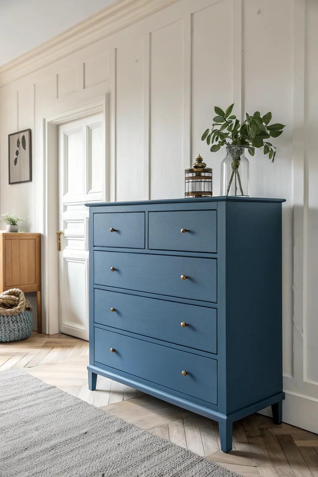 A matte blue dresser fitting smoothly into a minimalist setting.