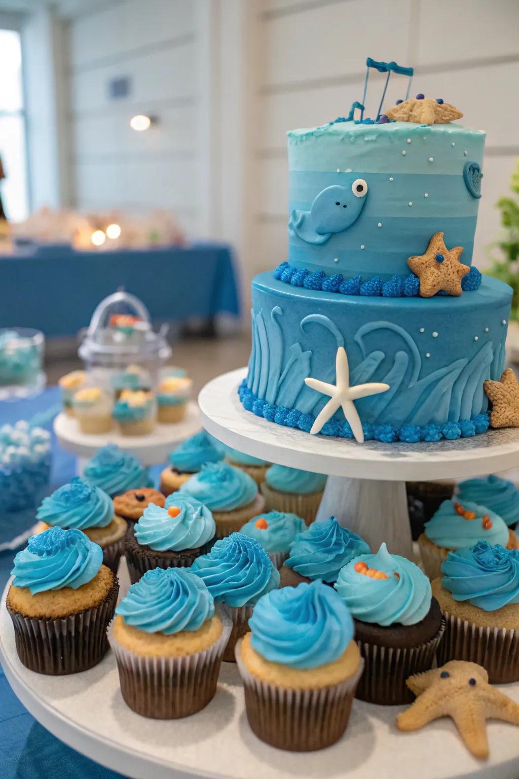 A sea-inspired dessert display exhibiting innovative blue delicacies.