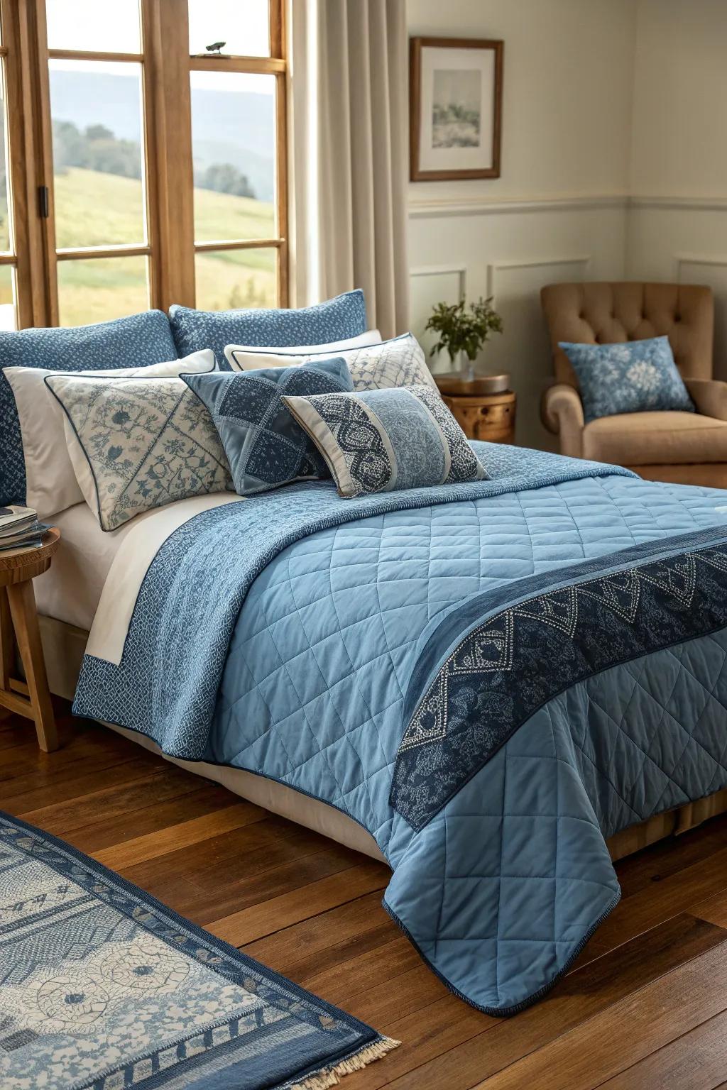 Feel azure bedding produces an inviting and comfortable atmosphere.