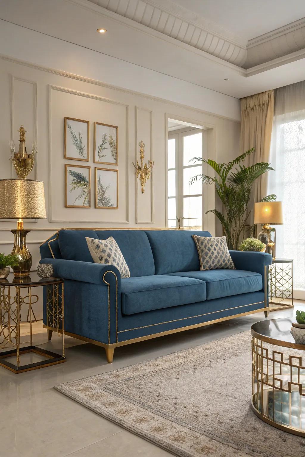 Shimmering accents add a lavish touch to a cerulean couch.