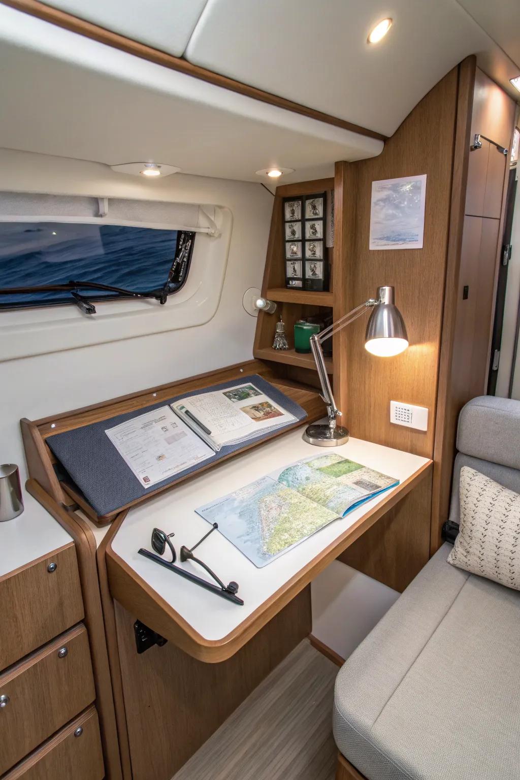 Wall-mounted desk in a compact boat cabin.