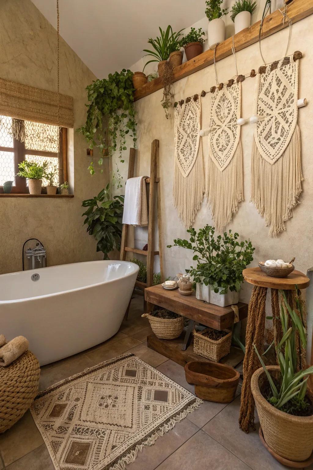 A boho bathroom adorned with intricate macramé wall hangings.