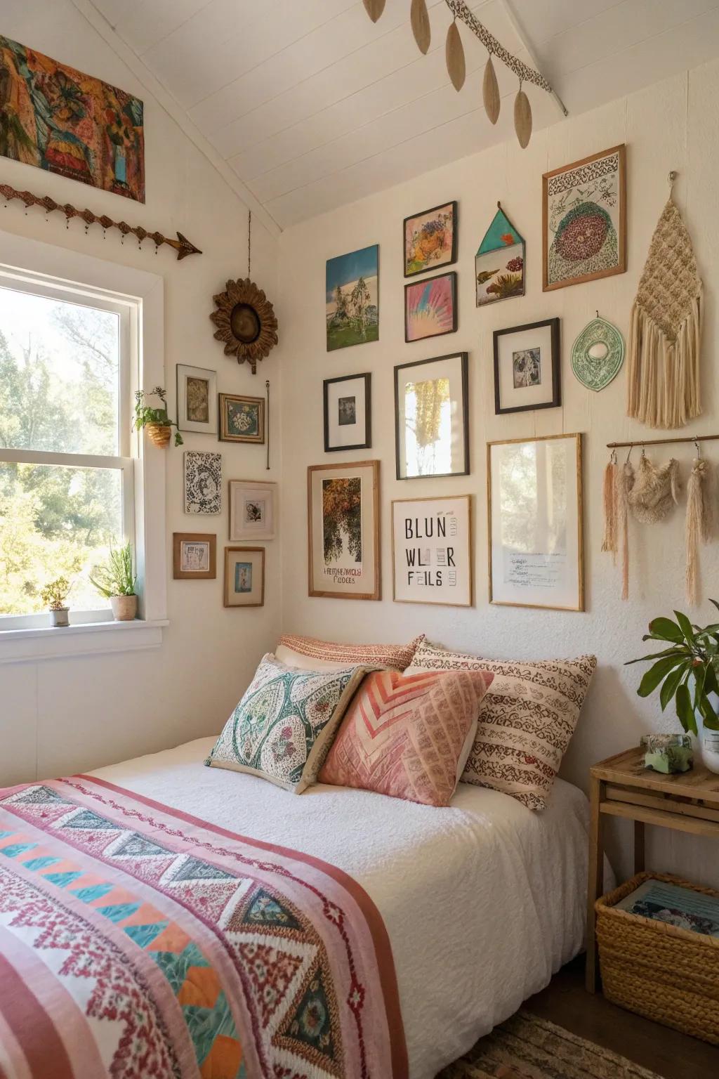 A gallery wall of various artwork becomes the main feature of this boho bedroom.