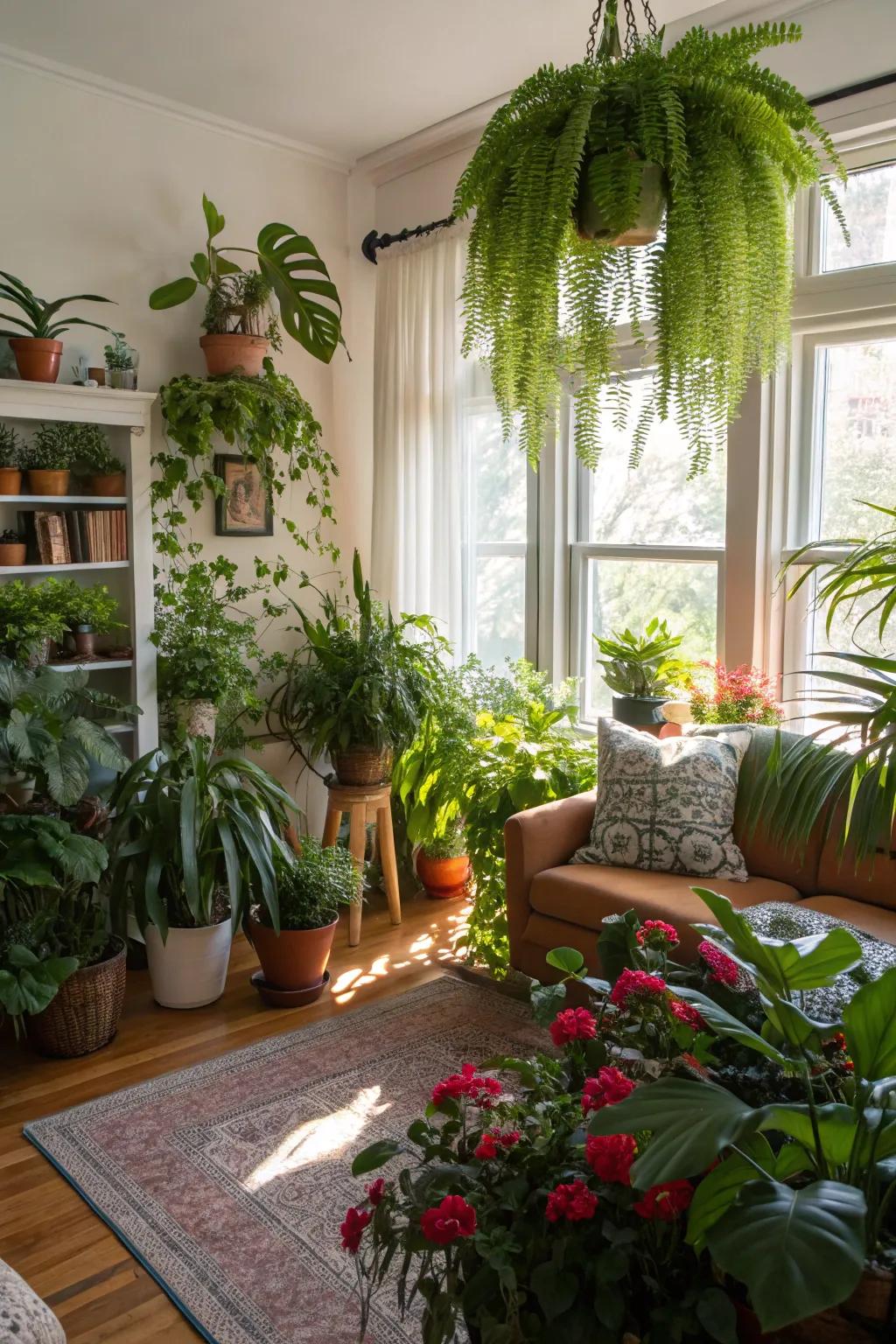 An exuberant bohemian living room with an abundance of greenery.