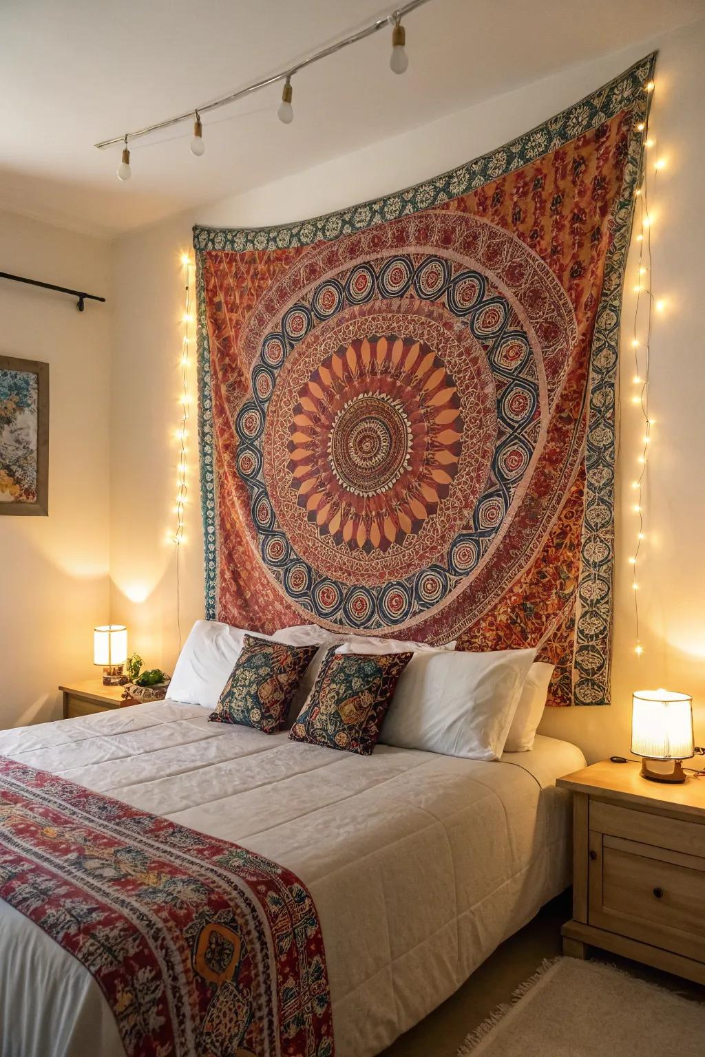 A tapestry headboard introduces splashes of color and layers of texture, making it the heart of this bohemian haven.