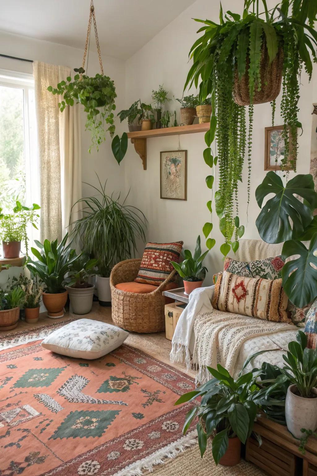 Greenery infuses vibrancy into a bohemian setting.