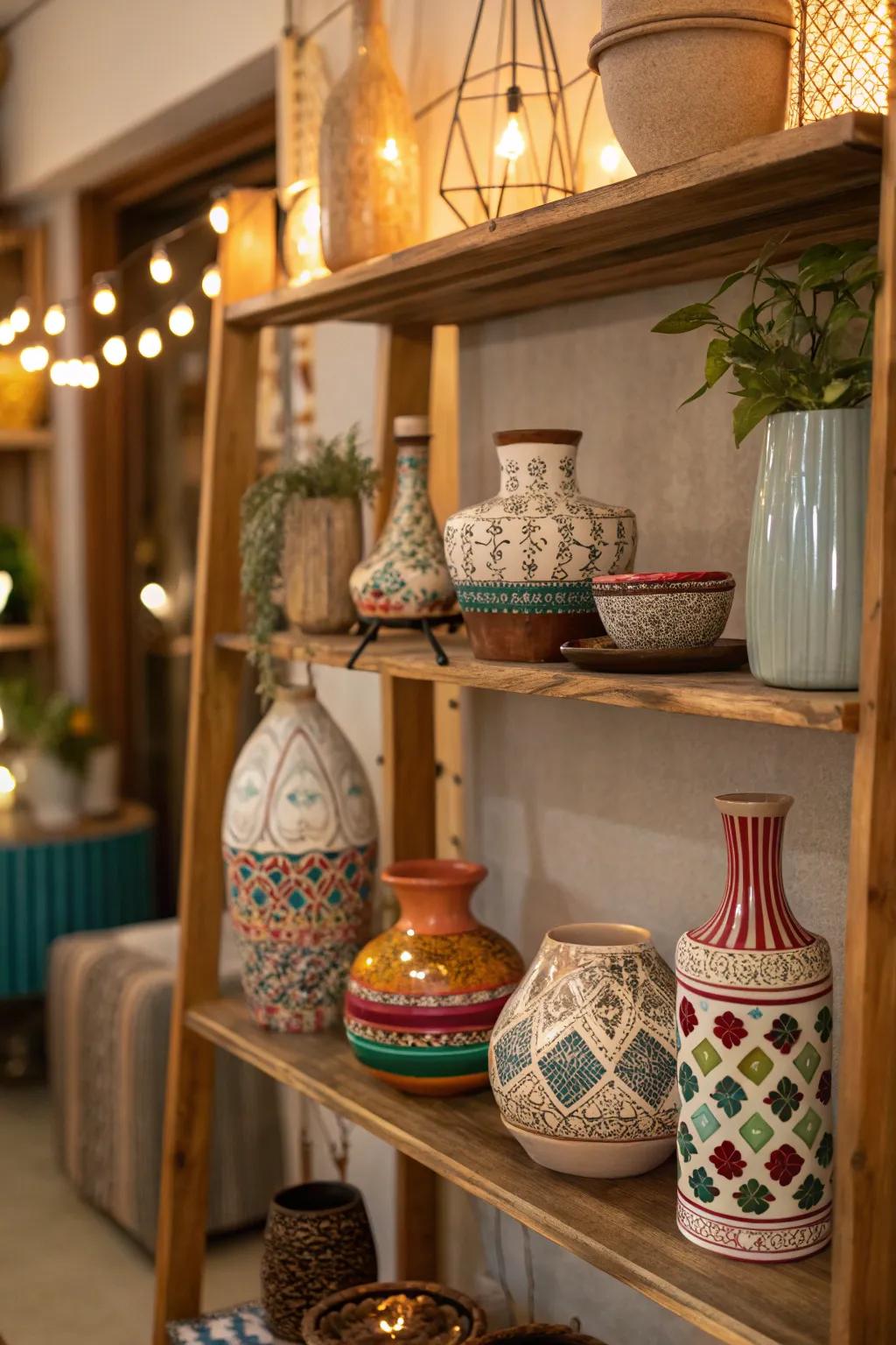 Unique vases and ceramics add character.