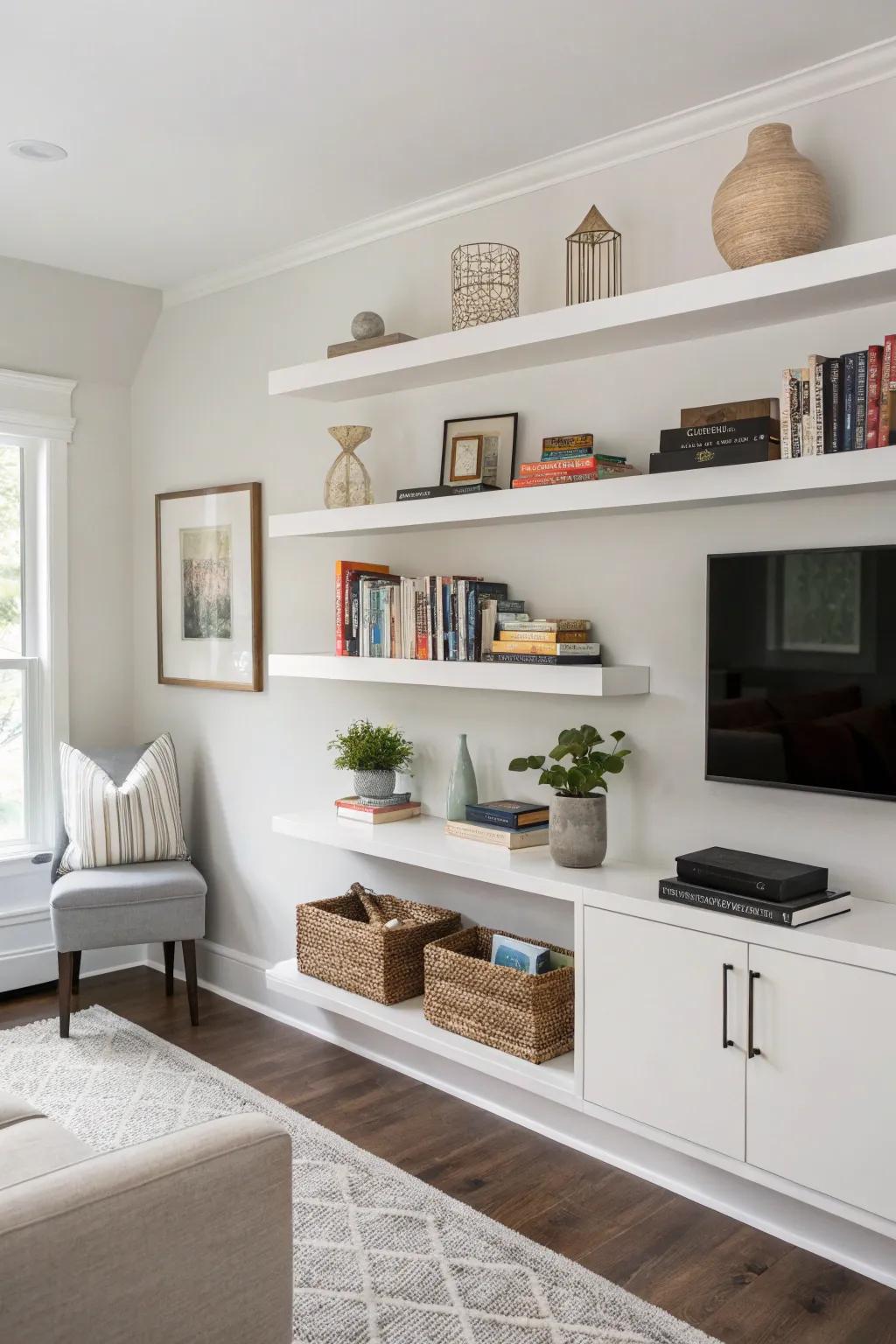 Floating shelves impart a streamlined, contemporary flair to any space.