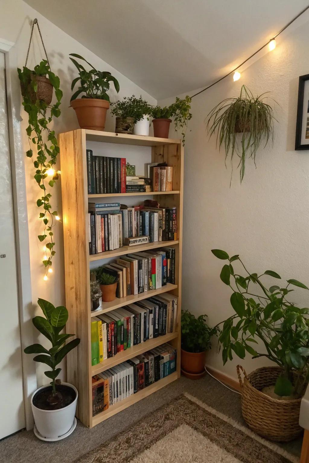 Optimize space with a charming corner bookcase.