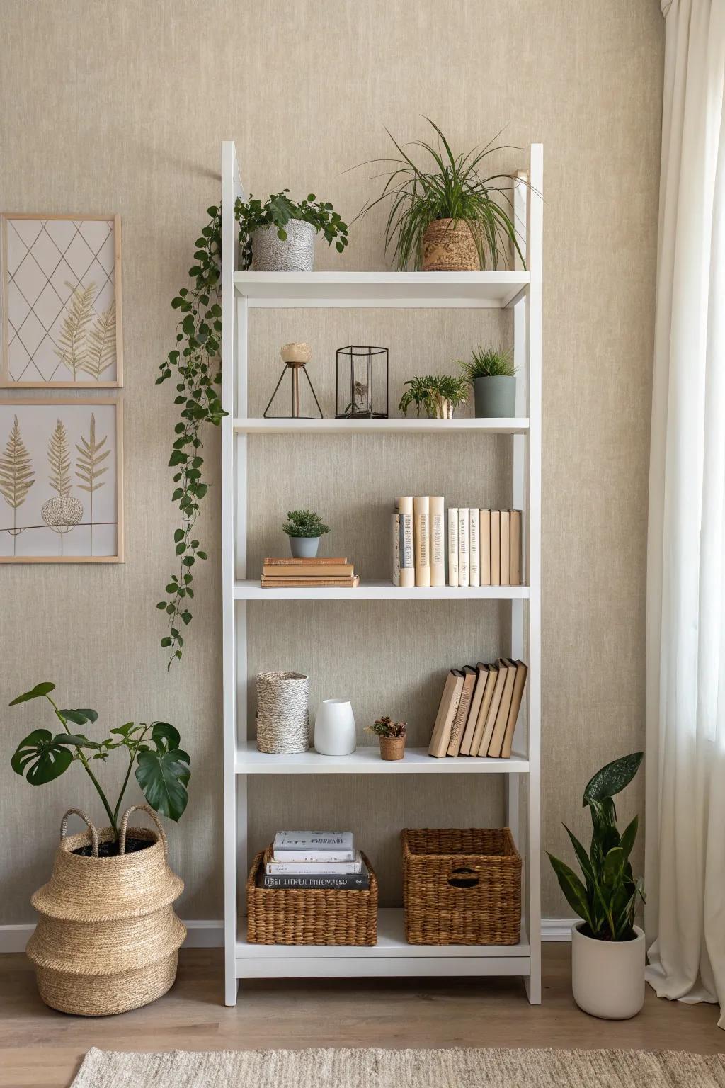 Bookshelf with neutral beige wallpaper for a classic, understated look.