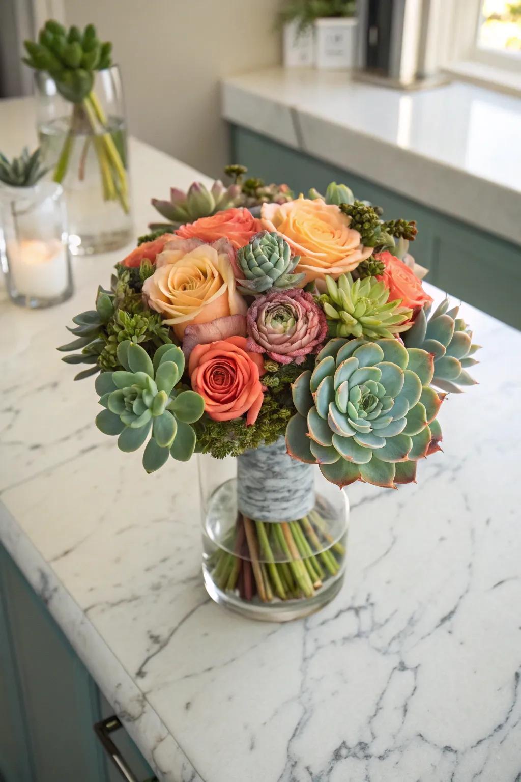 Succulents contribute texture and a modern sensation.