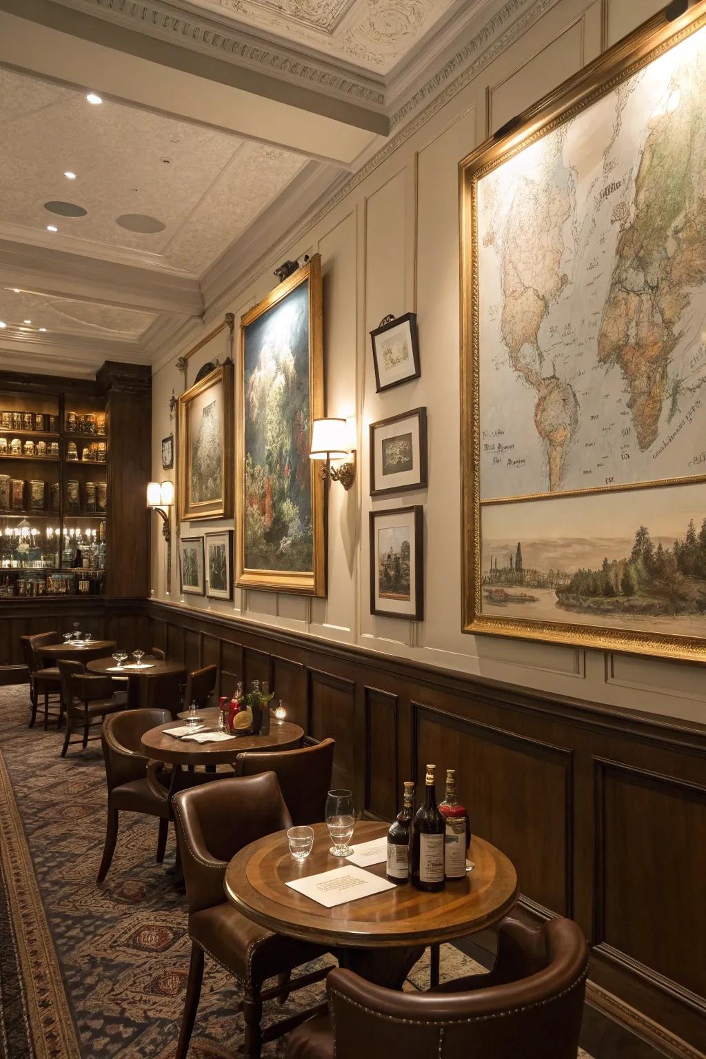 Traditional artwork and historic maps add a personal touch.