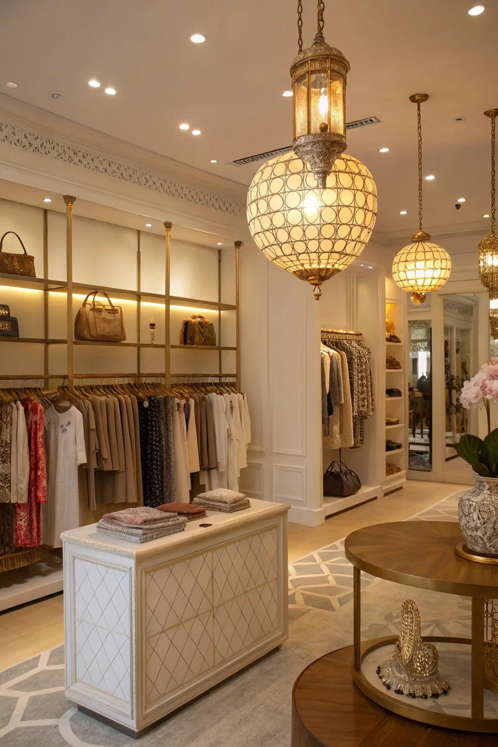 A boutique interior with strategic lighting, combining ambient and spotlighting to enhance decor.