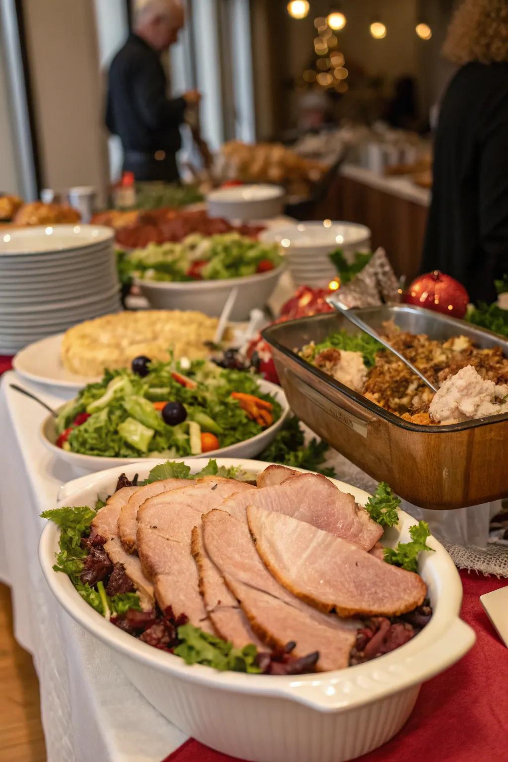 A buffet showcasing holiday leftovers and refreshing salads.