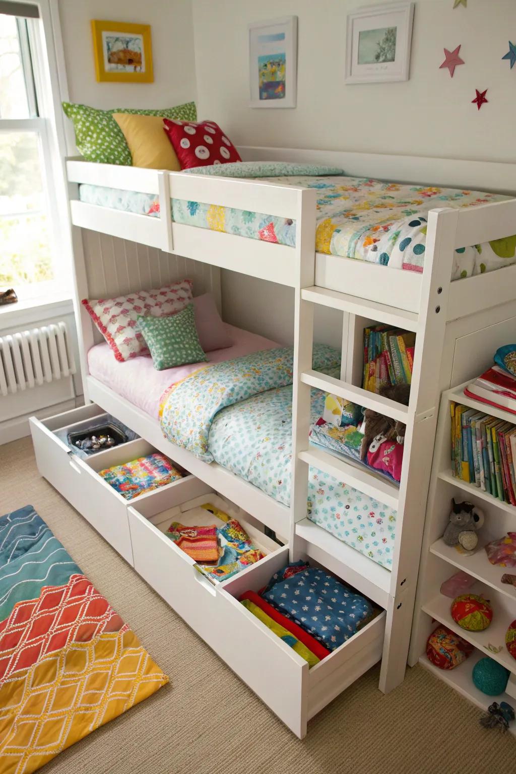 Under-bed storage helps keep a shared room organized and clutter-free.