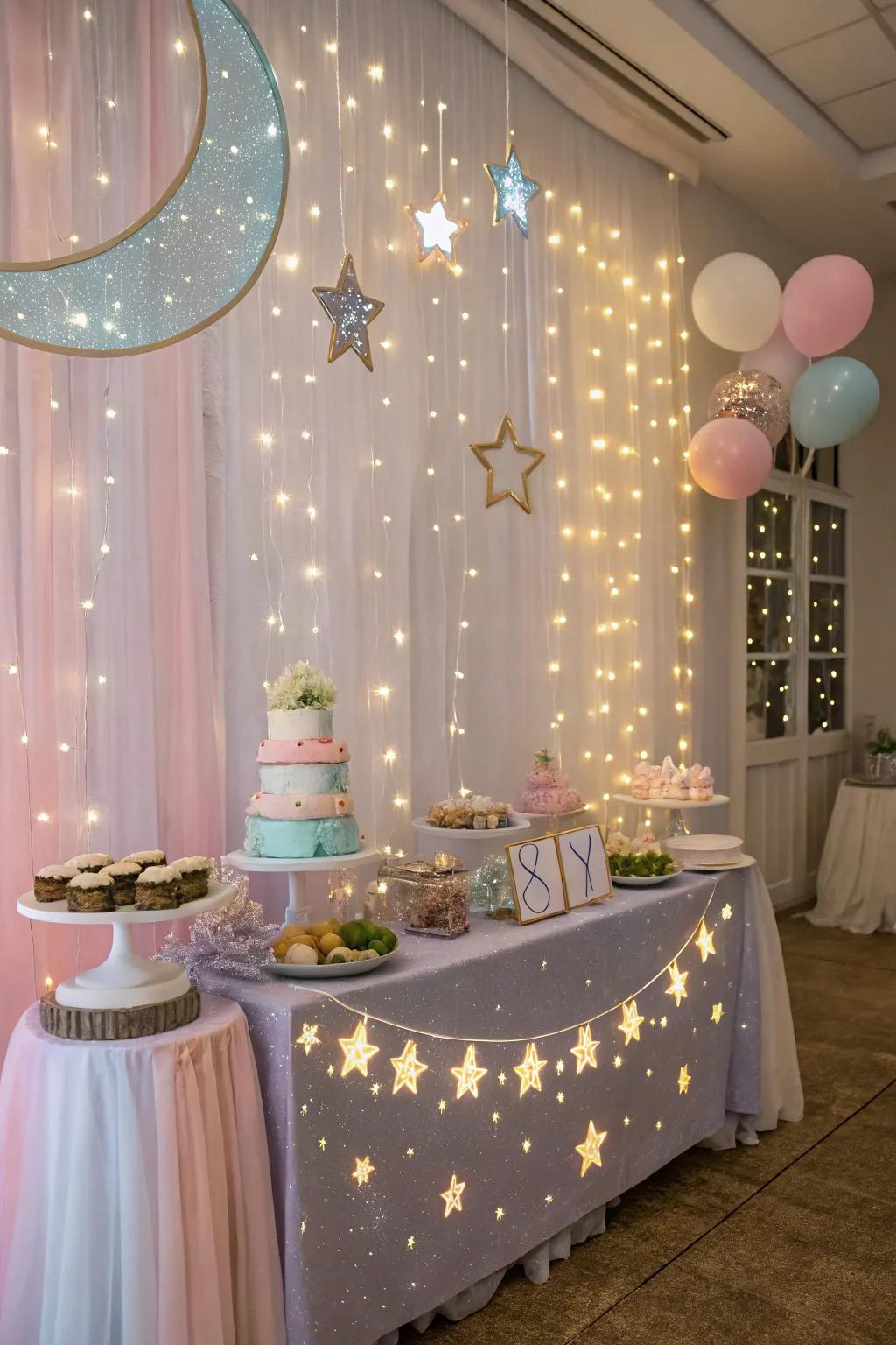 A starry-themed baby shower utilizing astral accents and soft lighting