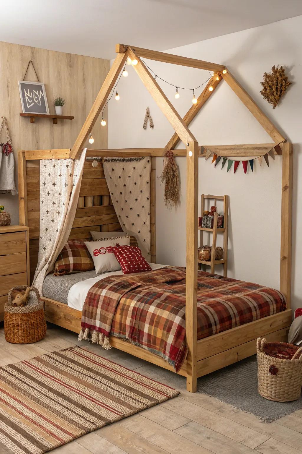 Get away to a rustic escape with this cabin-style canopy bed.