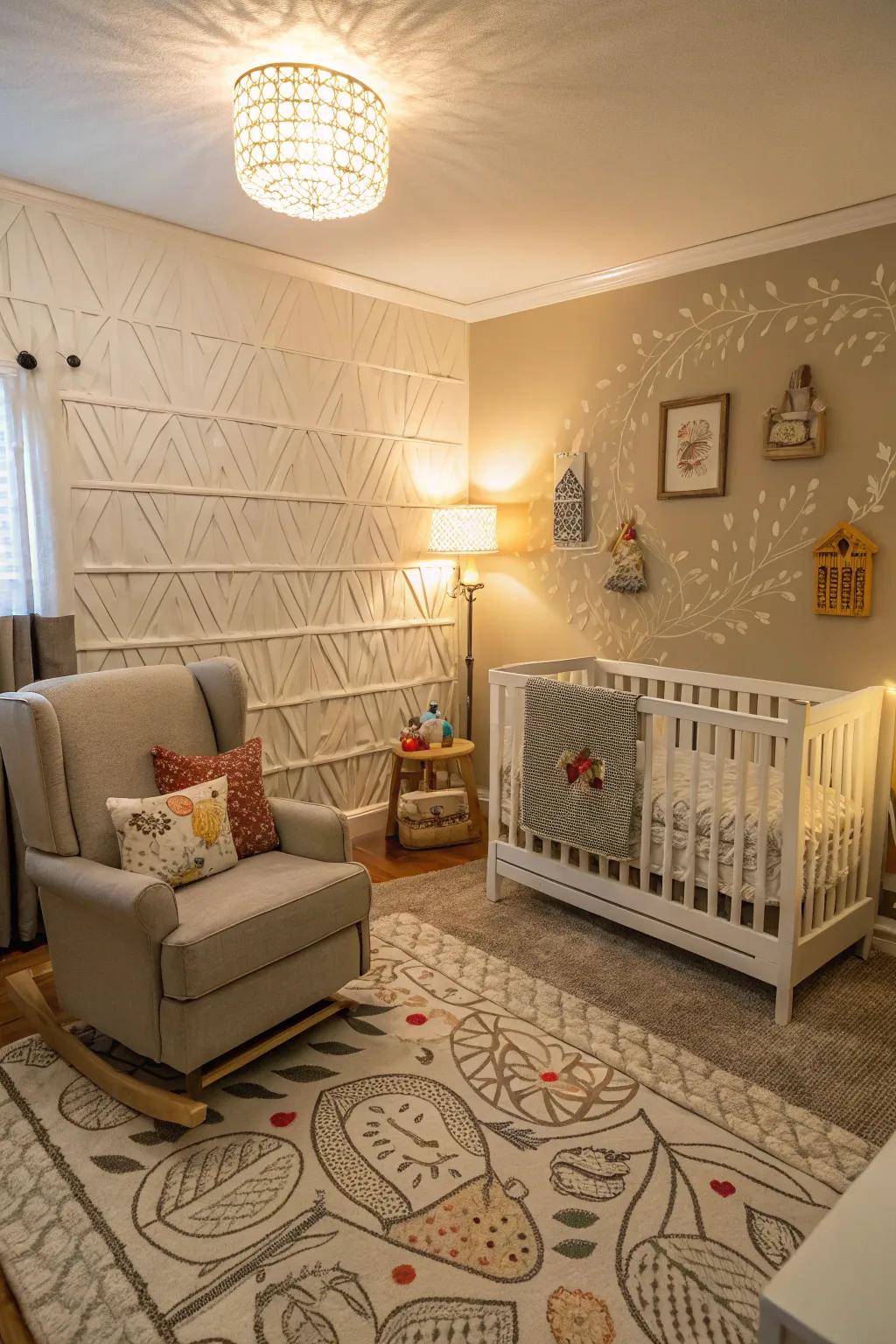 Textured walls heighten depth and curiosity within the nursery.