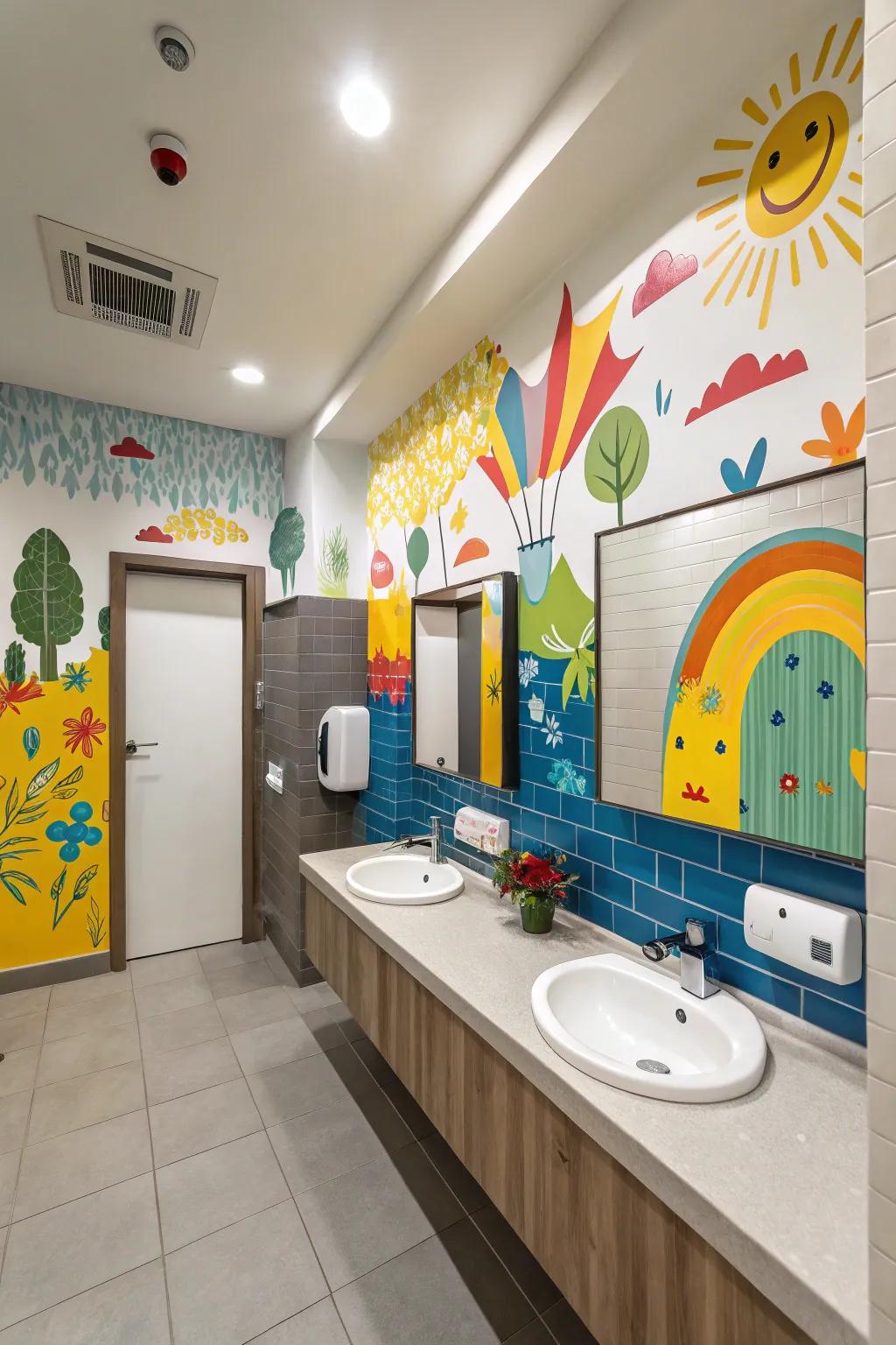 Wall art infuses personality into a boys' bathroom.
