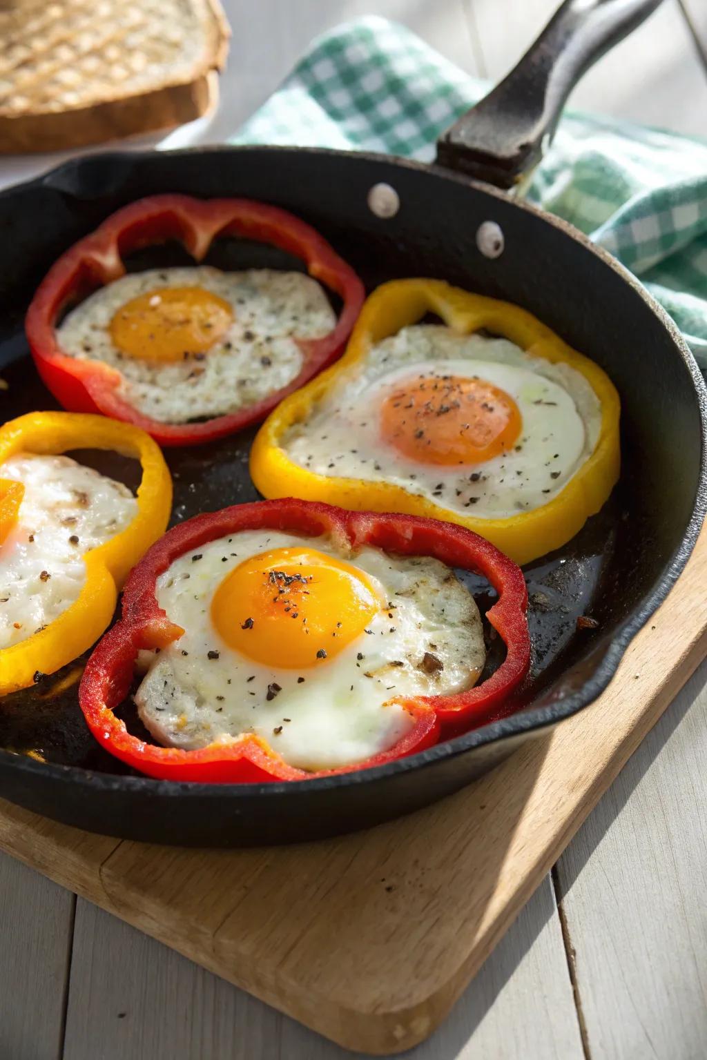 Eggs nestled in bell pepper rings make a cheerful breakfast.