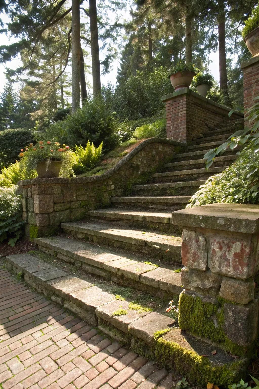 Brick and stone steps fashioning a textured outdoor route.