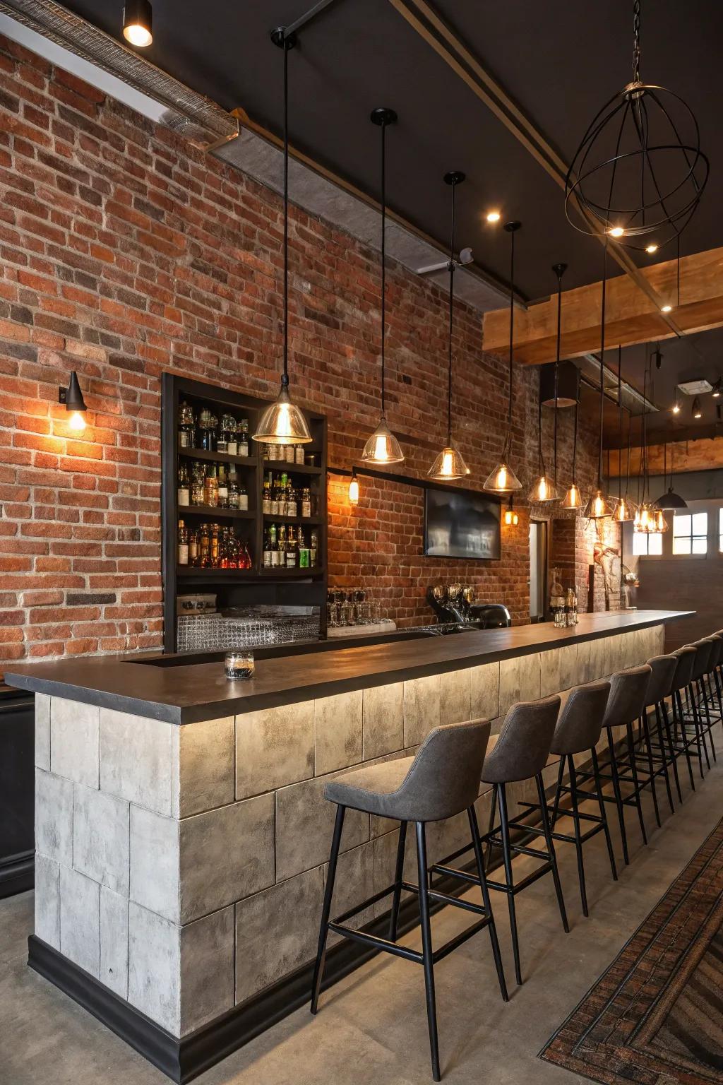 A contemporary bar with pendant lighting emphasizing the texture of the brick wall.