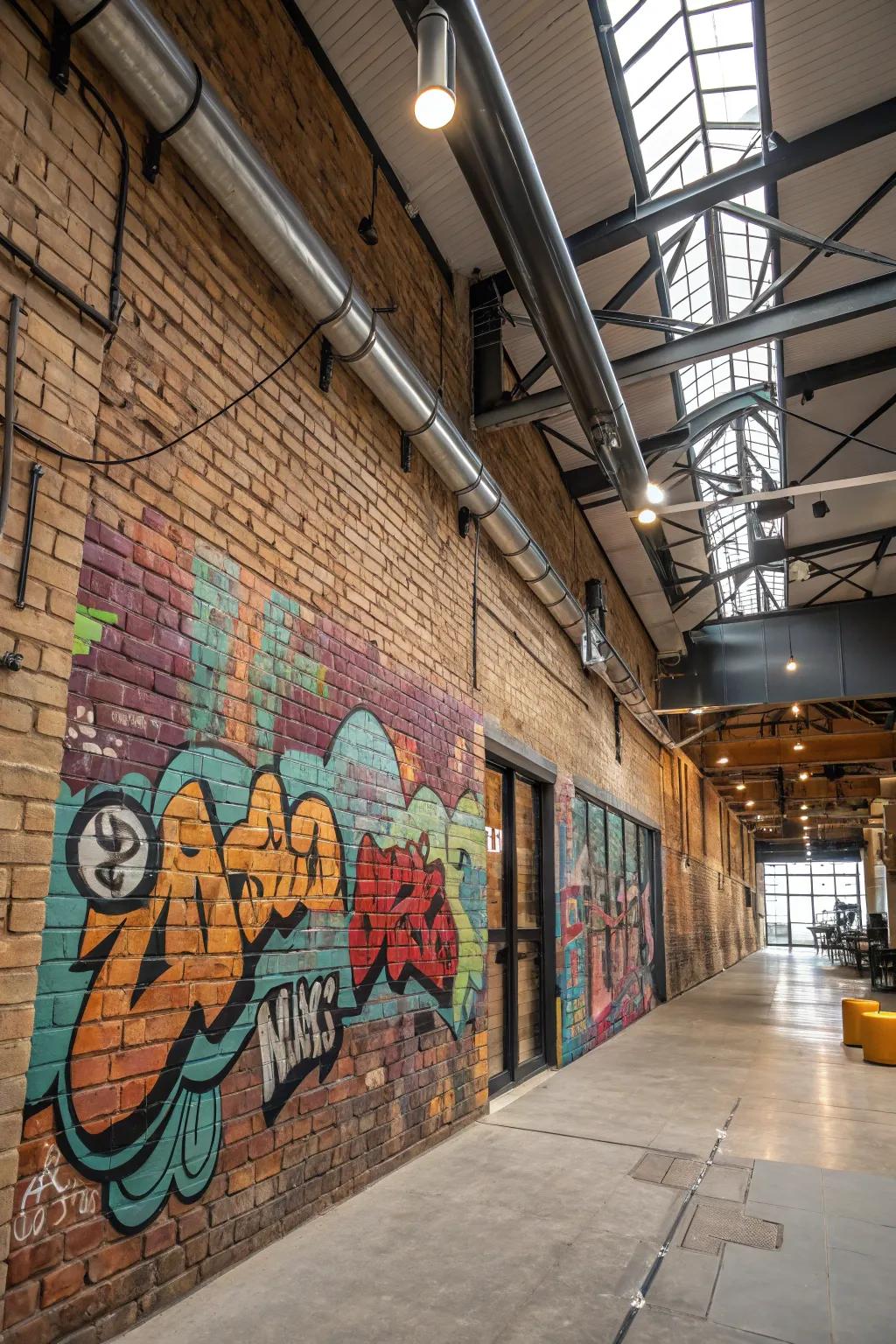 Street-art inspired mural contributes an urban edge to a loft's brick wall.