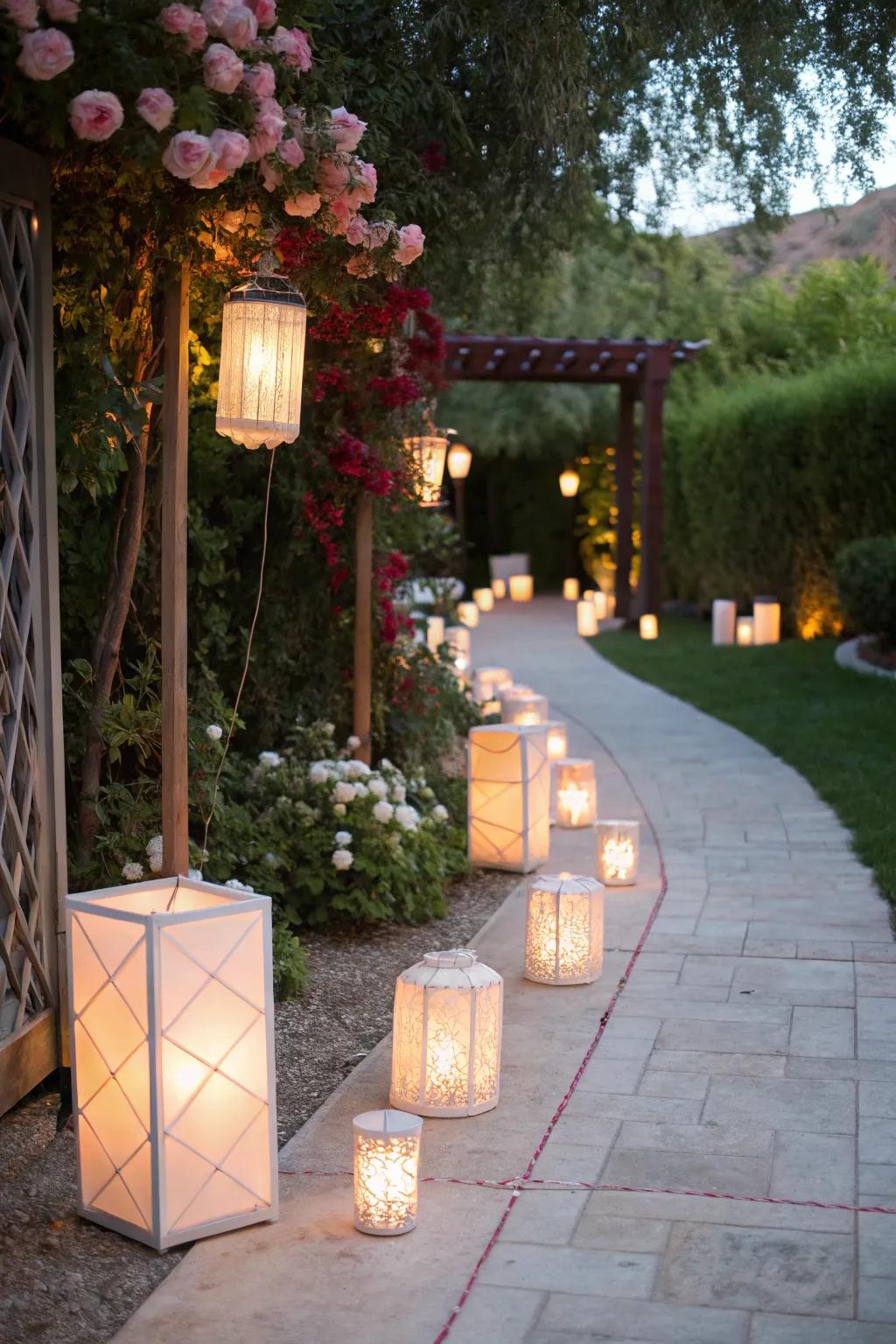 Elegant lanterns illuminate the way to the bridal shower entryway, creating a warm and welcoming radiance.