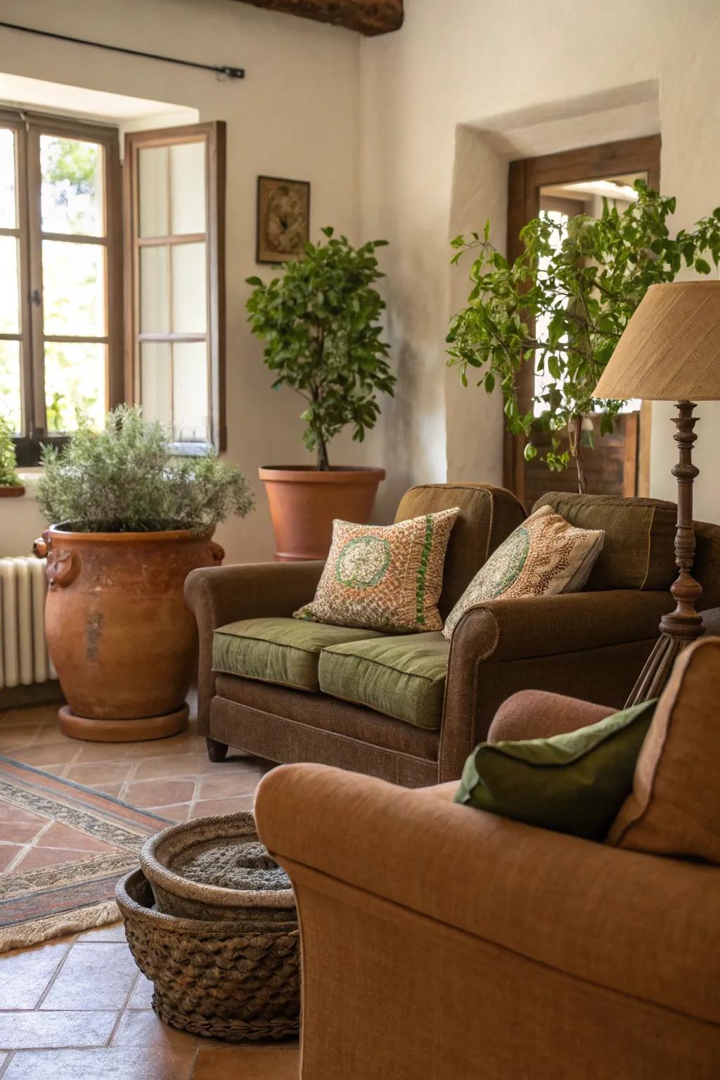 Organic embellishments harmonize with the cocoa tones for a tangible sensation.