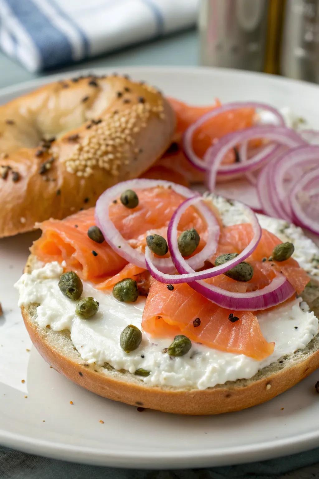 An aromatic bagel and smoked salmon arrangement for a traditional feel.