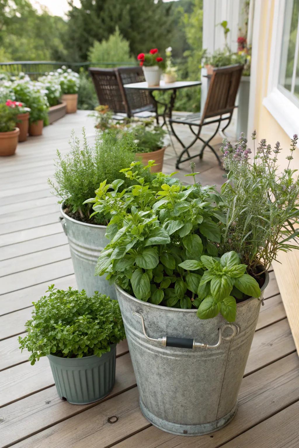 Buckets filled with fresh herbs displayed on a sunny patio.