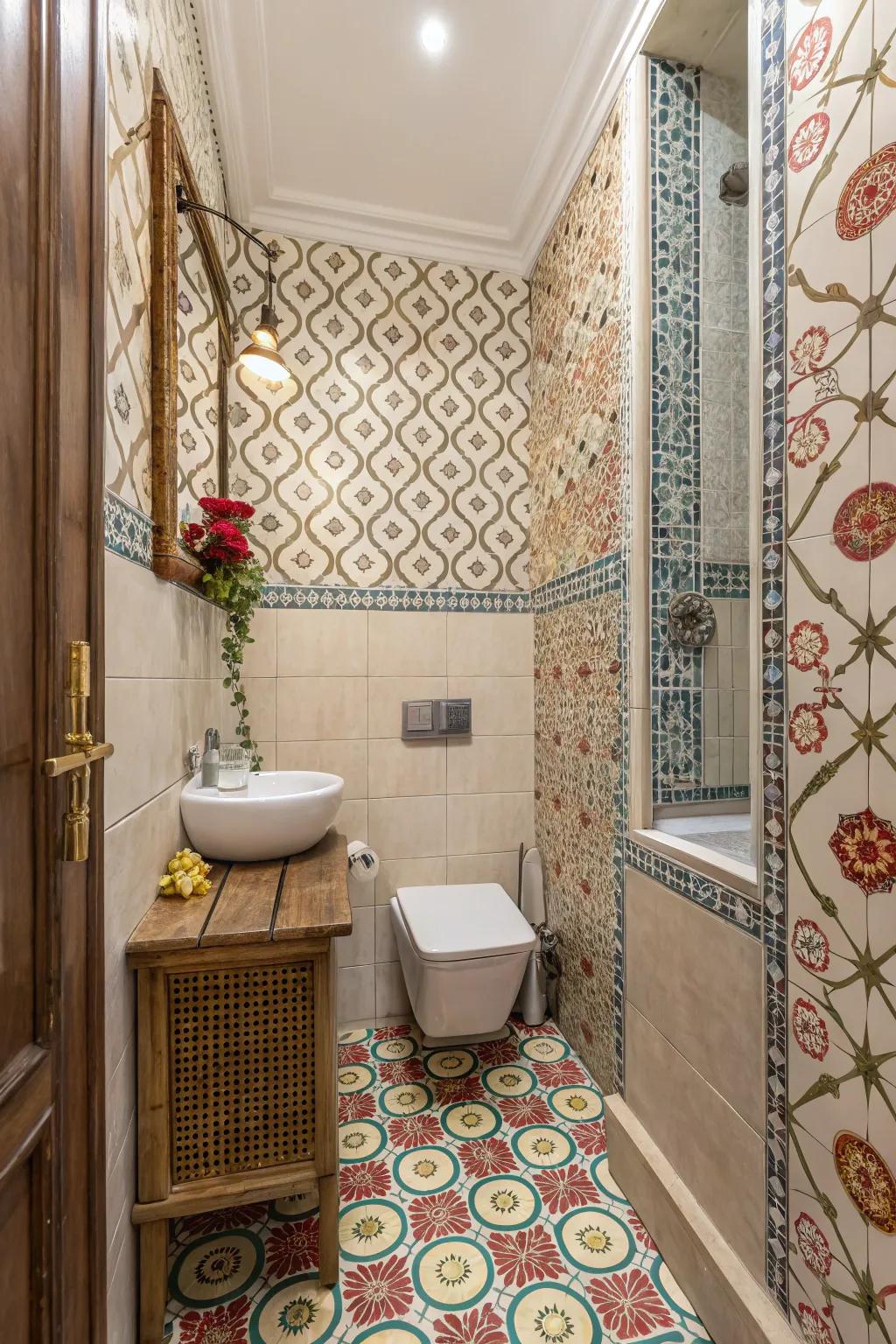 Decorative accents bring life to a small bathroom with patterned wallpaper.