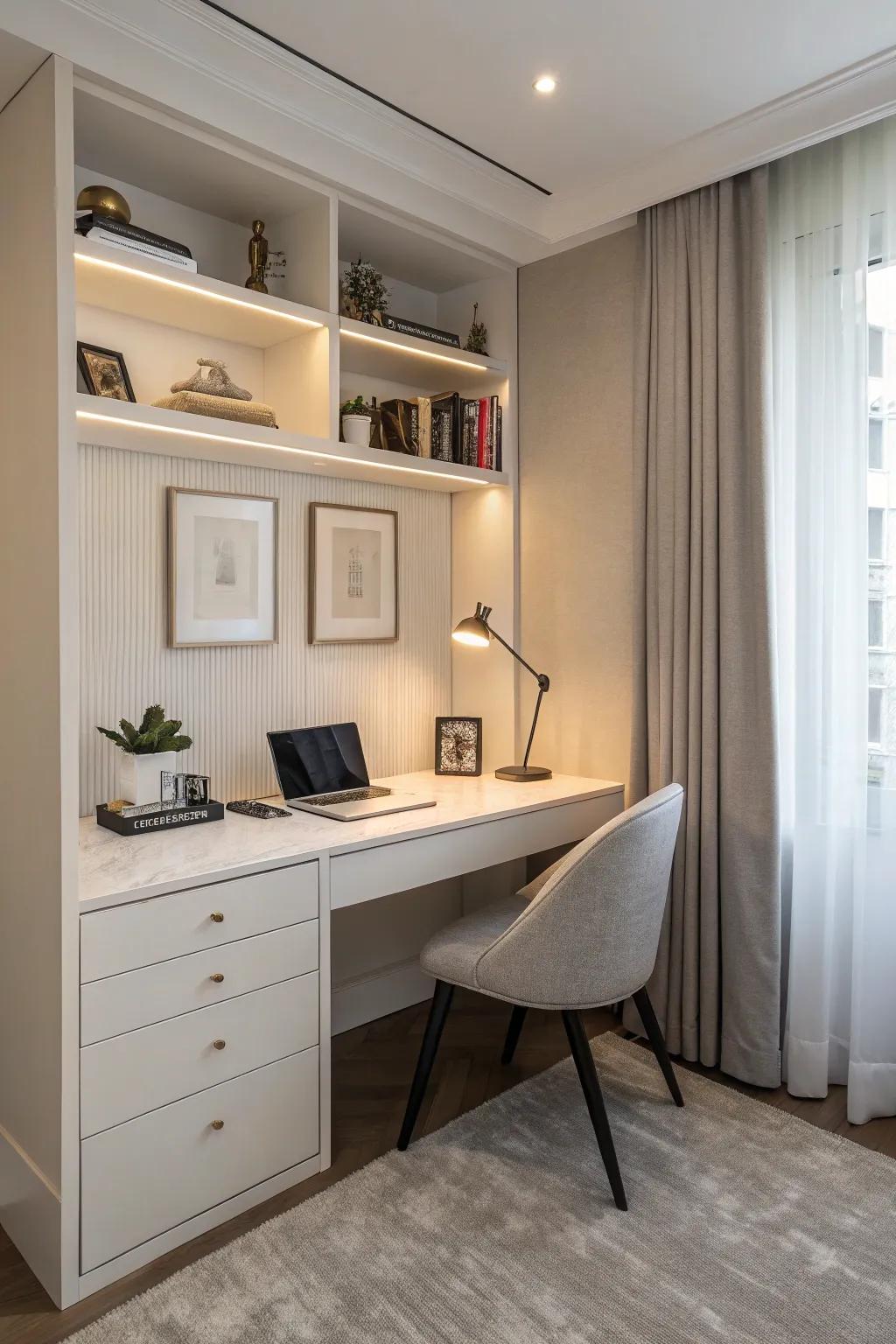A corner turned into a useful space with a built-in desk.