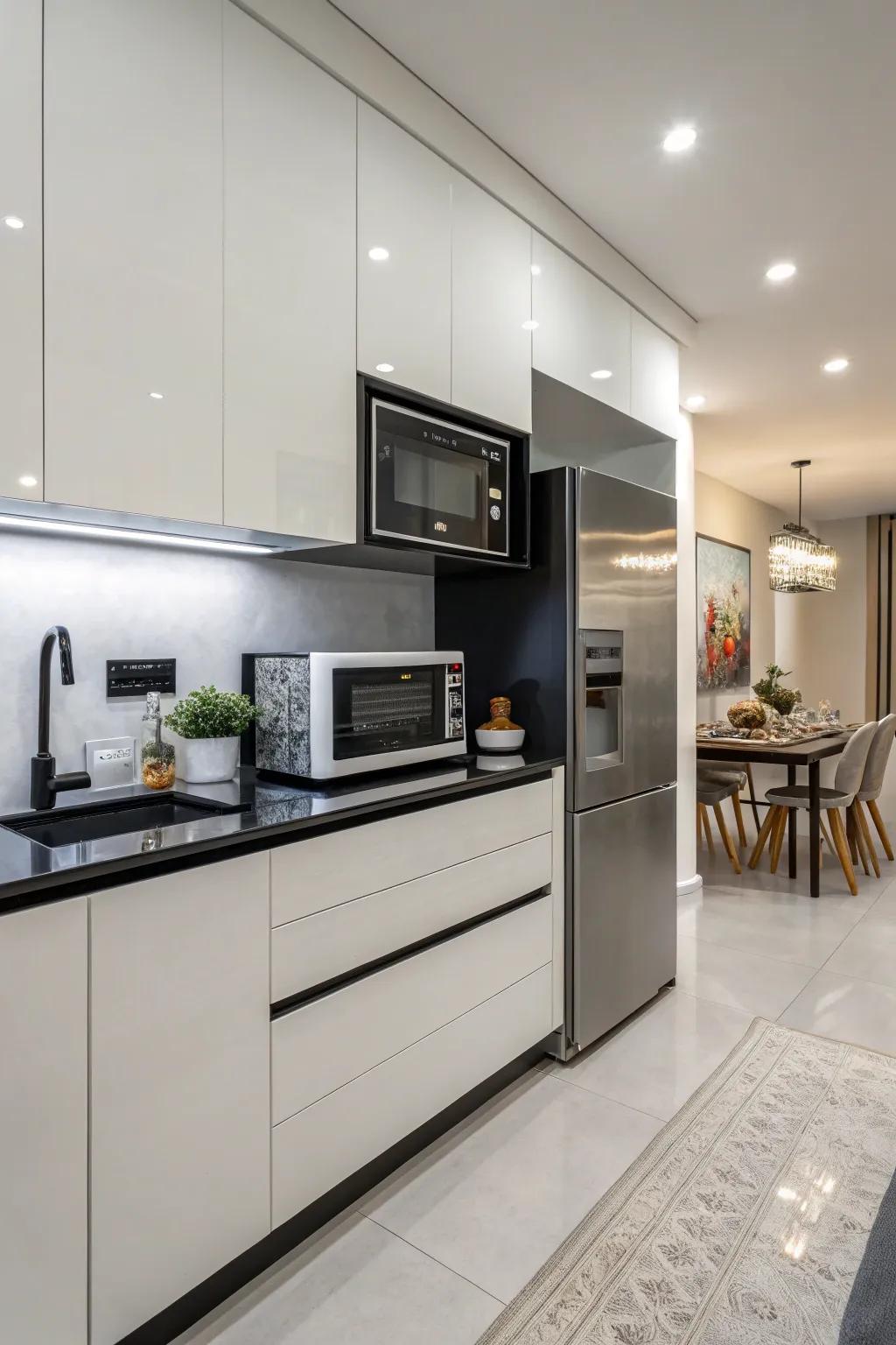 A microwave cleverly designed under the cooking area counter.