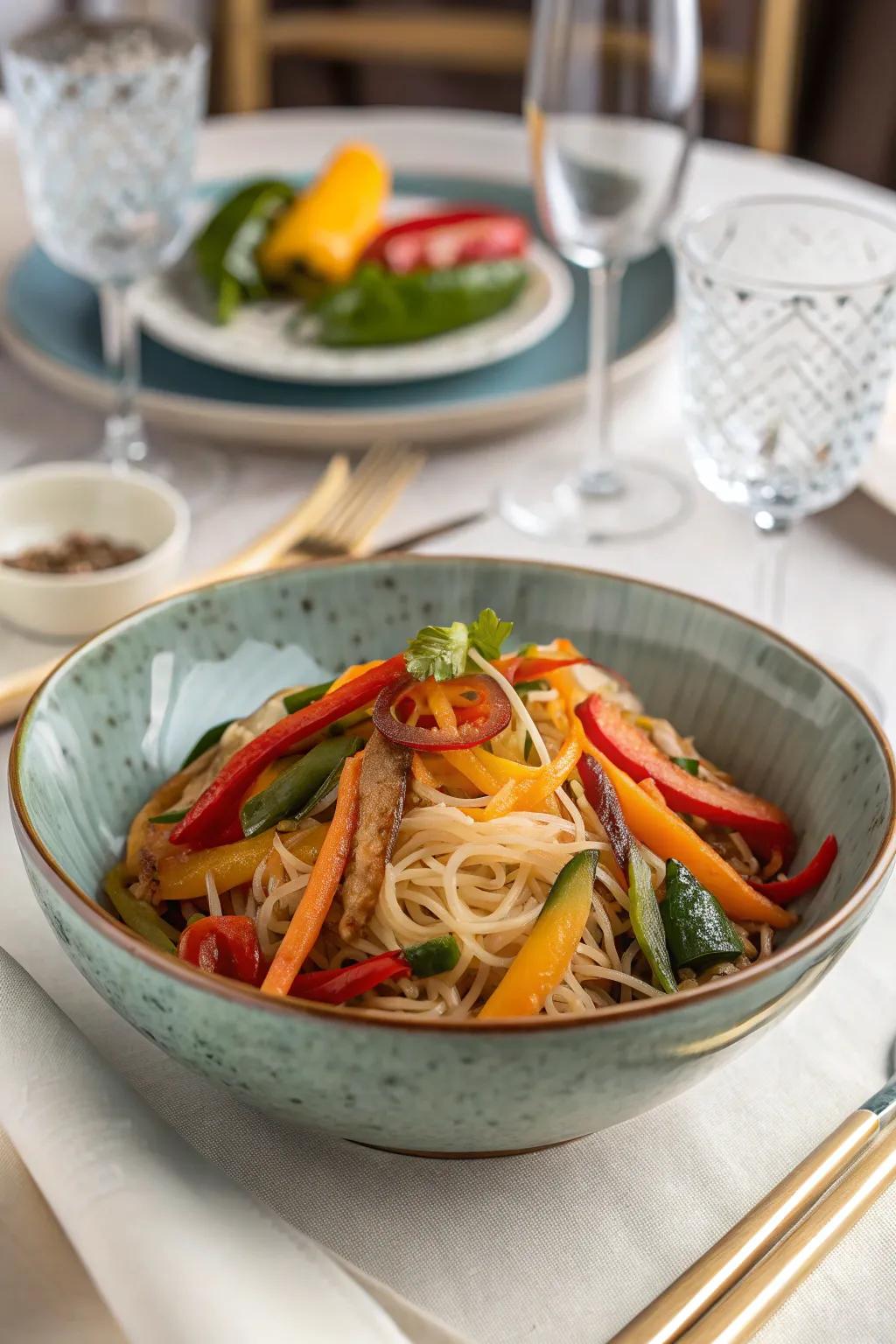 A colorful vegetable stir-fry with rice noodles, a delightful and quick option.